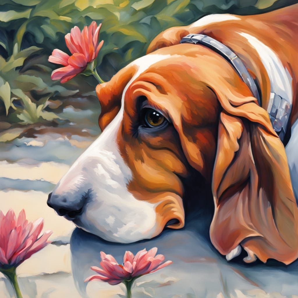 Cute Basset Hound Sniffing Flower in Summer Park
