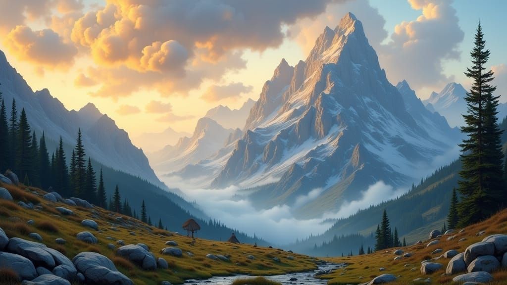 Misty Mountain Dawn in a Dreamy Oil Painting