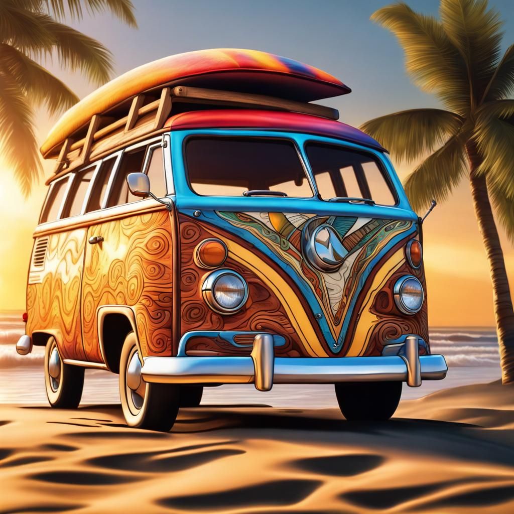 Boho Beach Scene with Woody Wagon at Sunrise