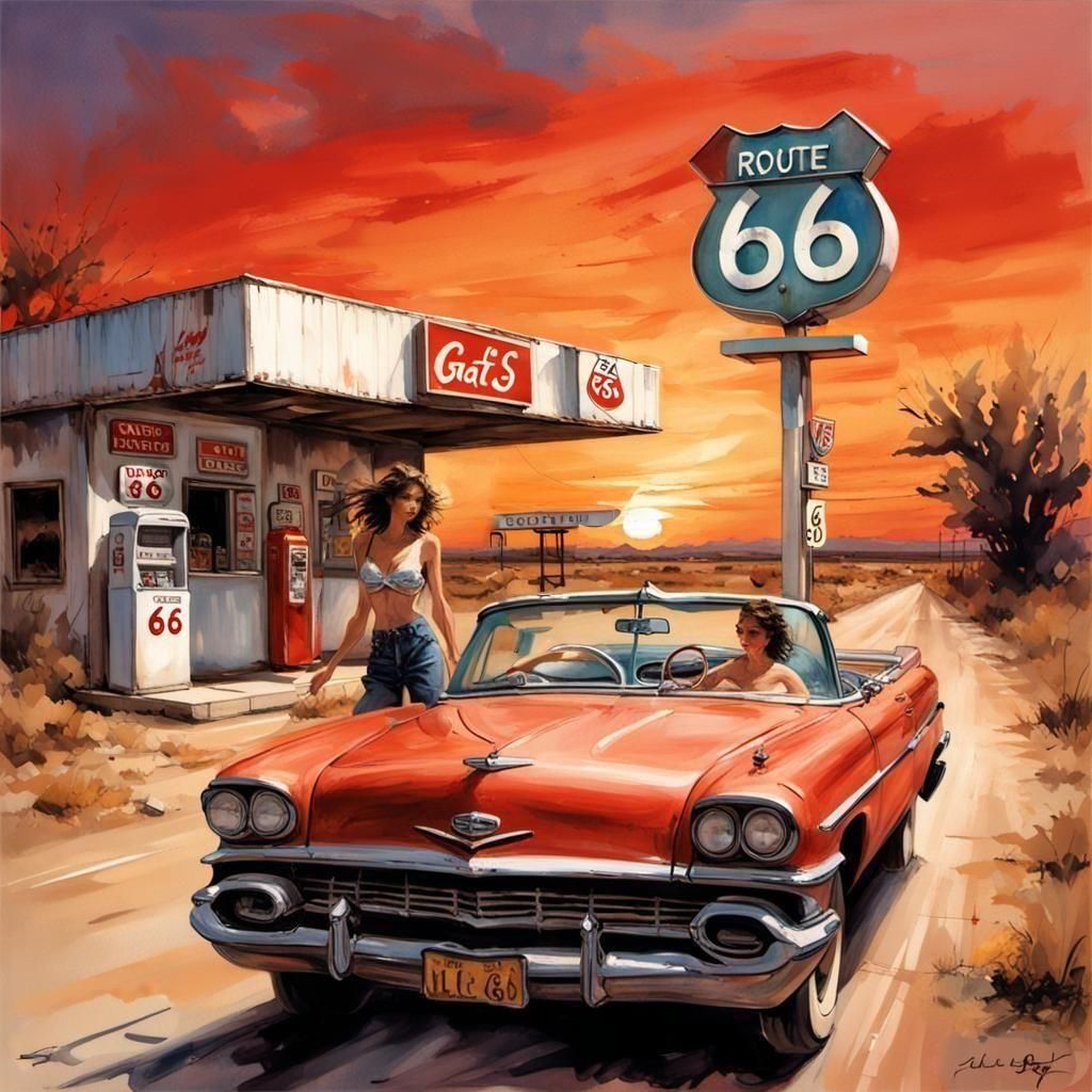 Women Driving Route 66, Sumi-e Style Sunset