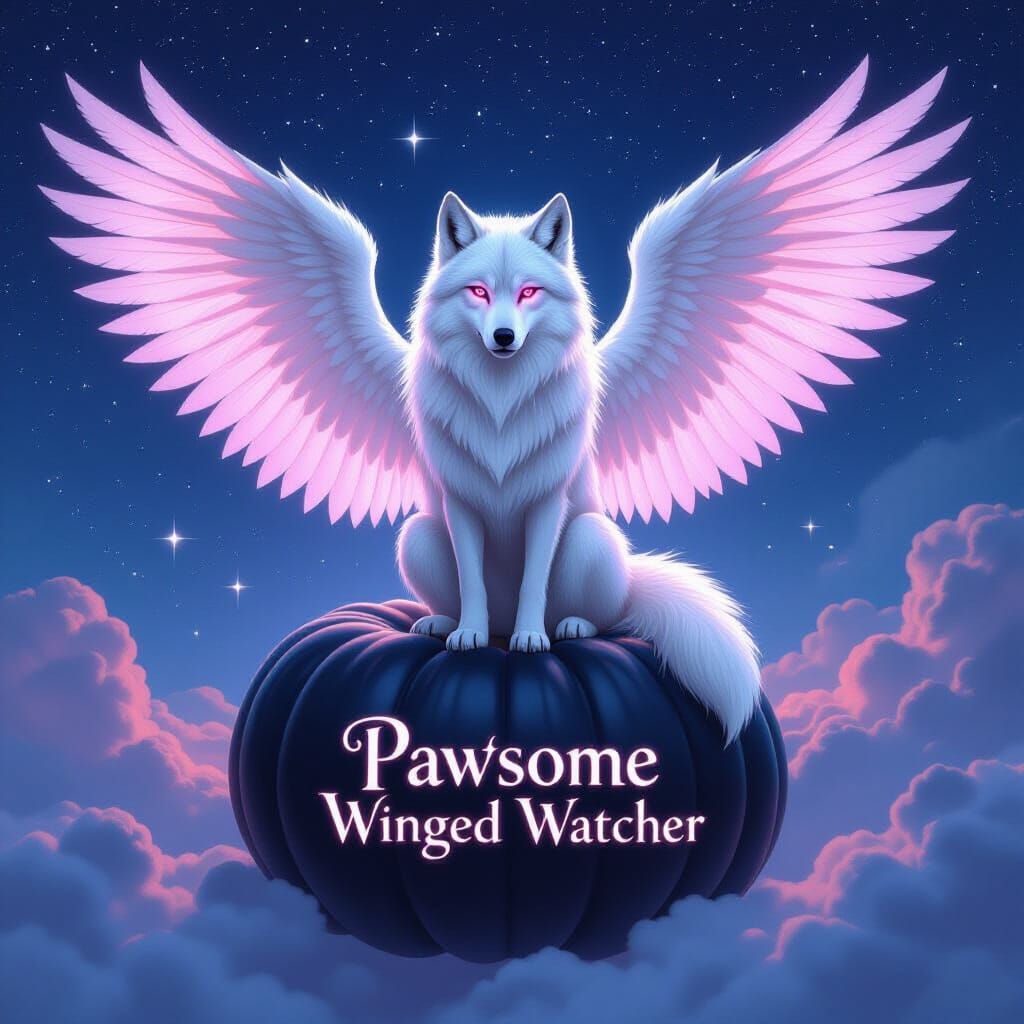 Majestic White Wolf With Pink Eyes and Wings on Pumpkin in S...