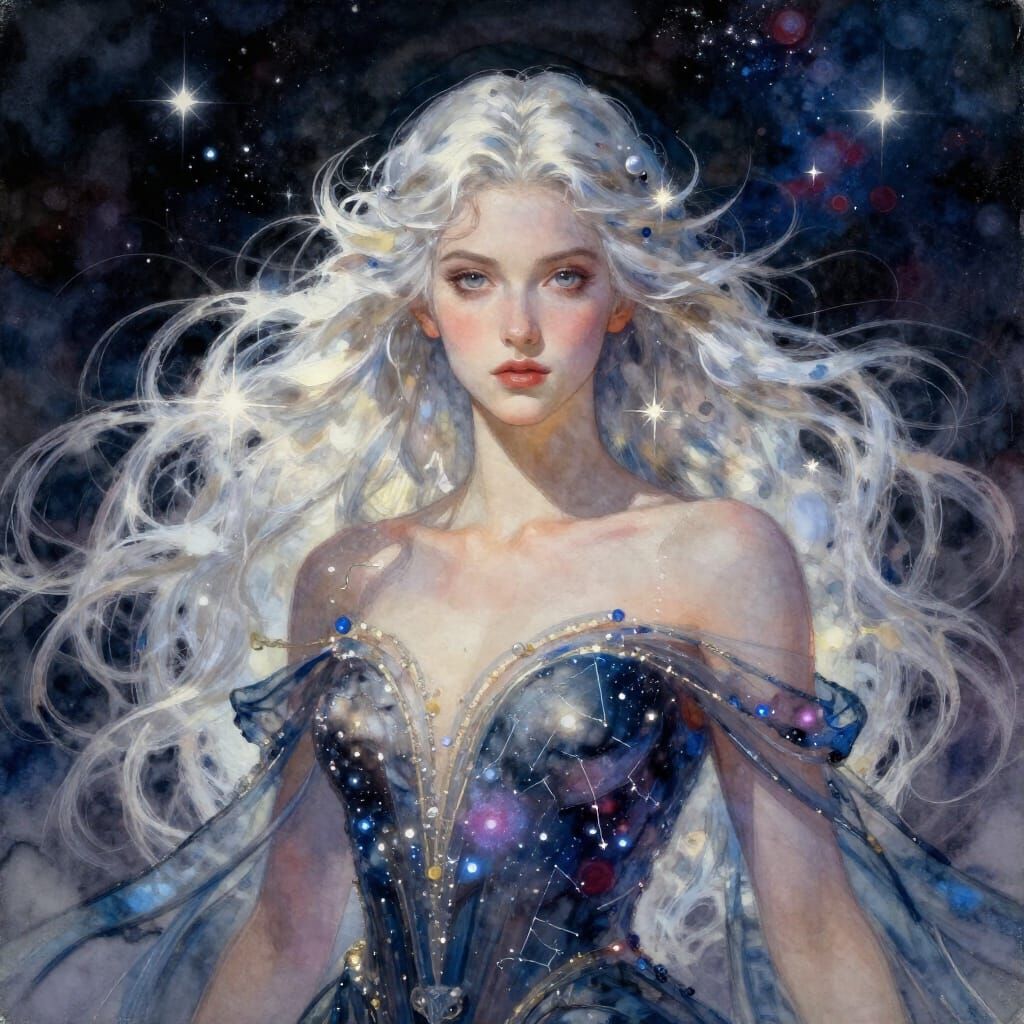 Celestial Queen in Cosmic Gown - Impressionist Style
