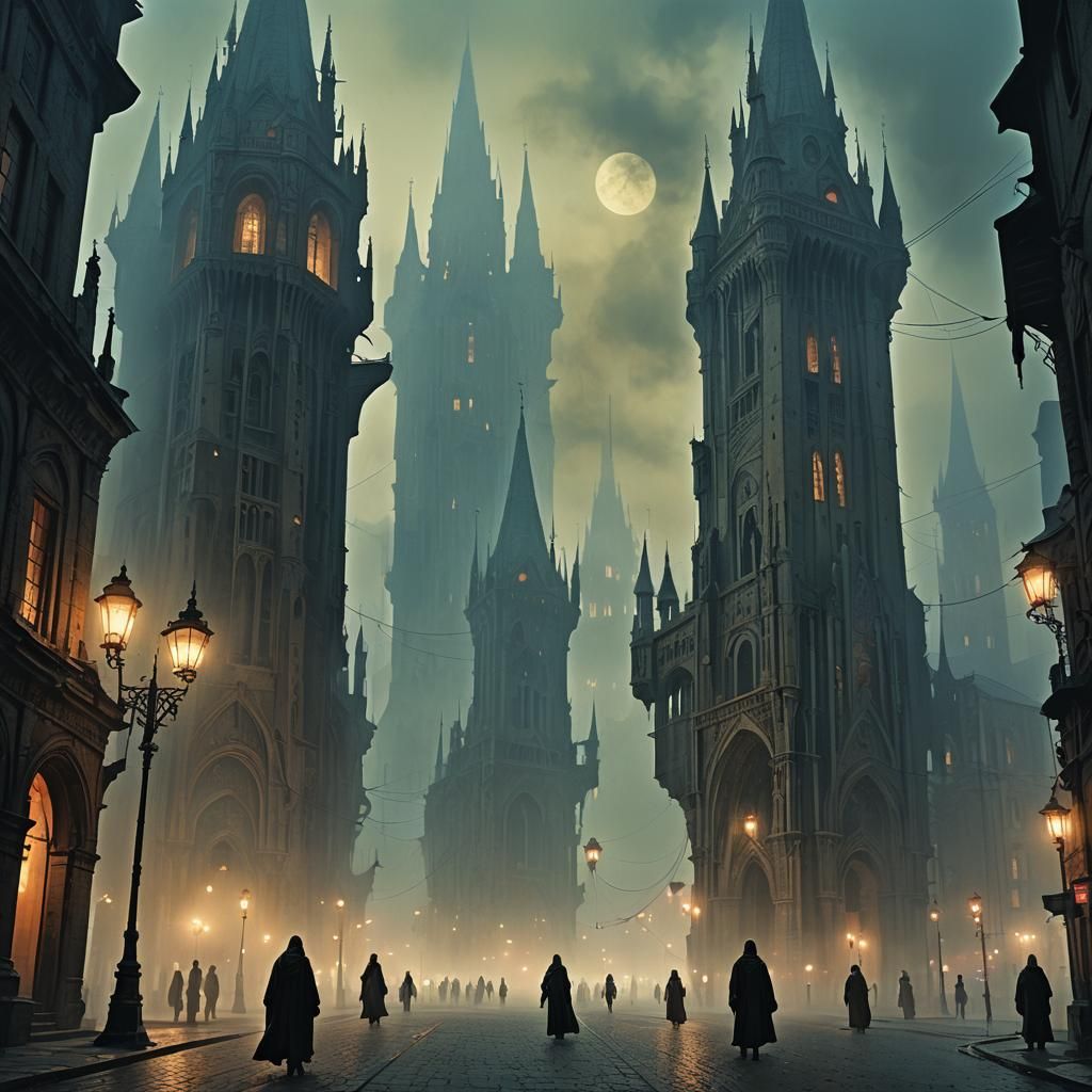 Giants in a Misty Gothic Dark Fantasy City