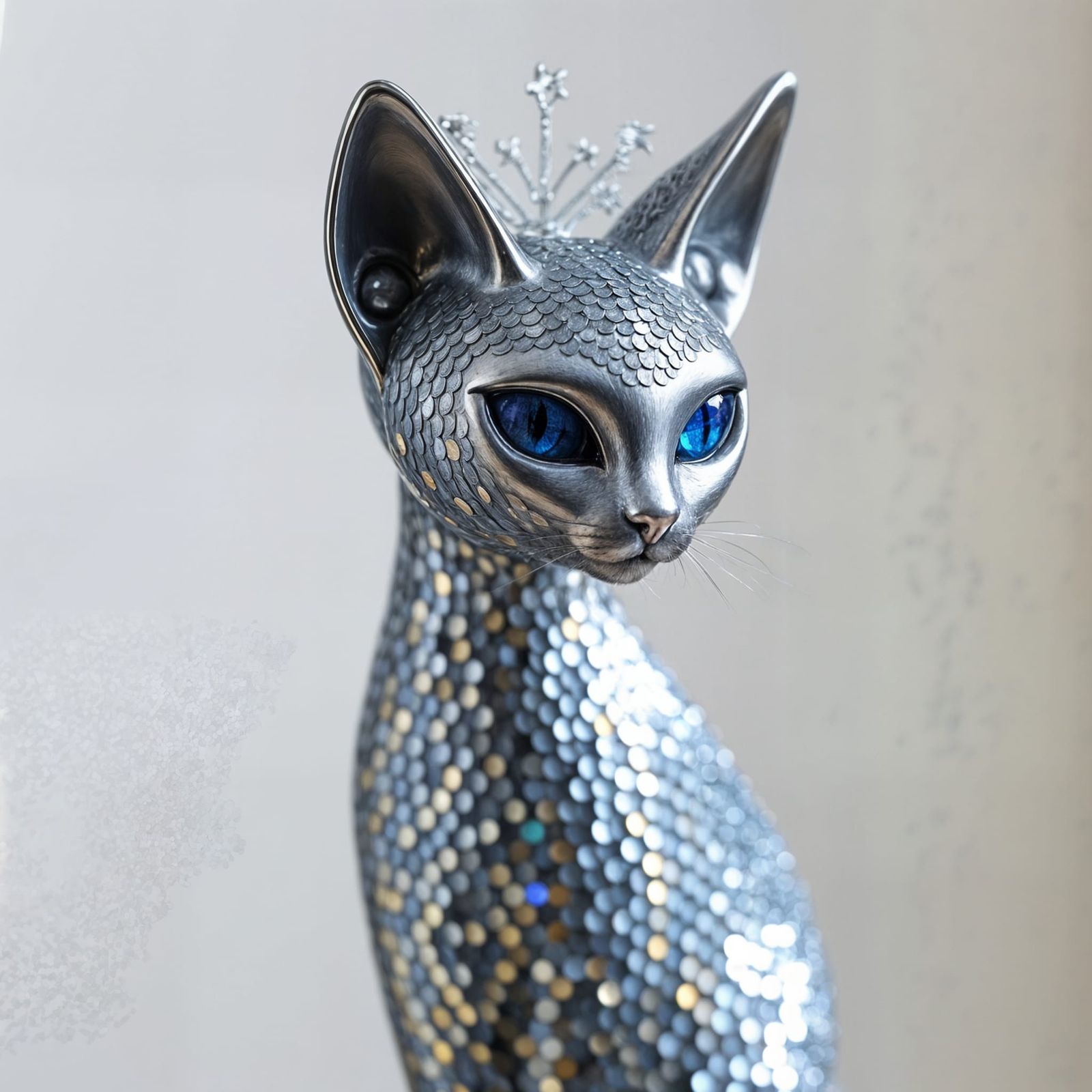 Sequin Feline Sculpture with Royal Blue Eyes