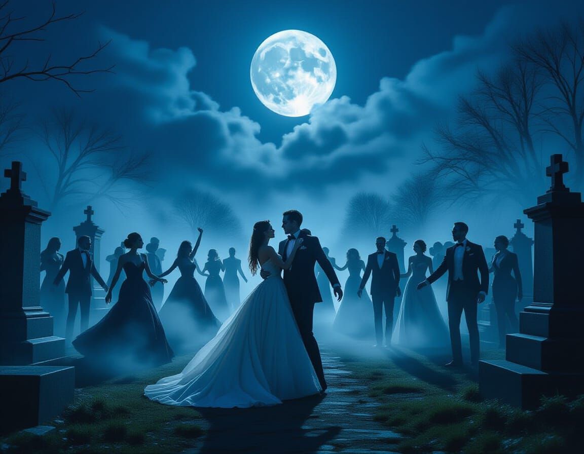 Zombies Dance at Misty Cemetery Prom Under Full Moon