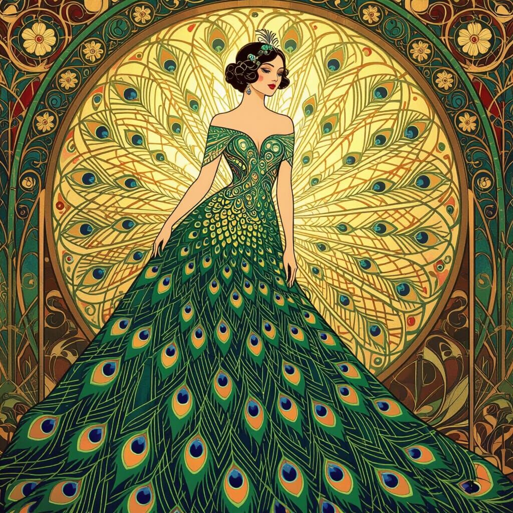 Woman in Peacock Gown with Art Deco Motifs