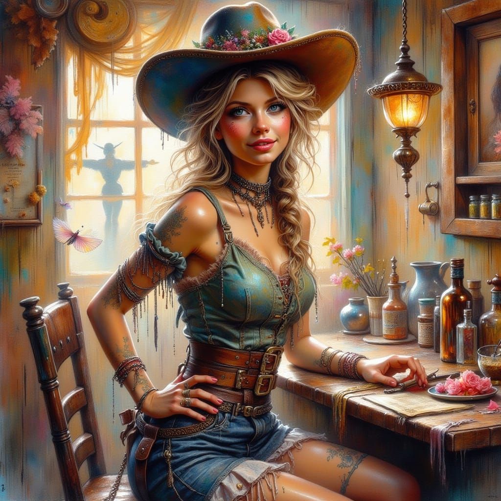 Cowgirl in Saloon: Detailed Watercolor Painting