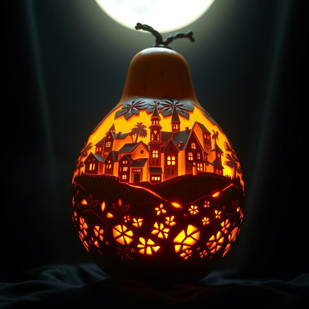 Illuminated Gourd Lamp with Carved Village Scene