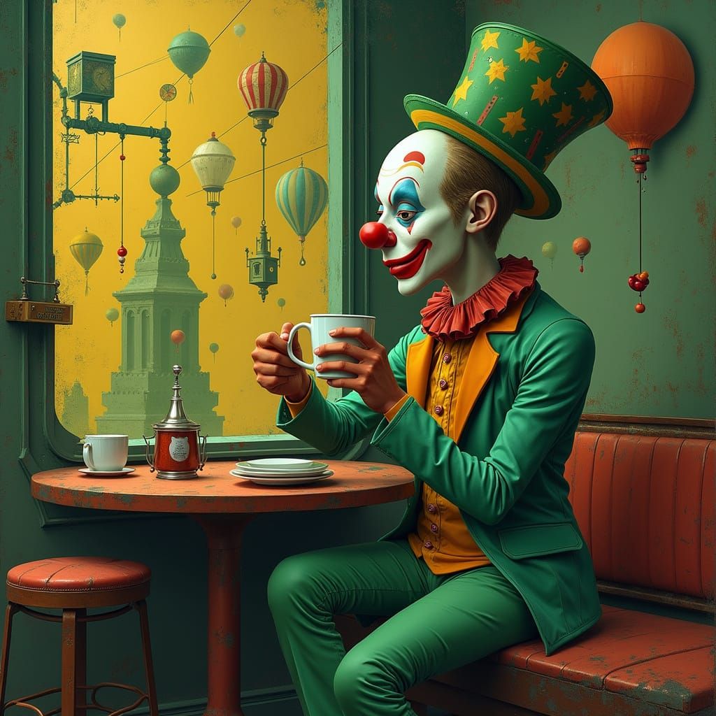 A surreal circus clown sipping coffee in a bizarre café