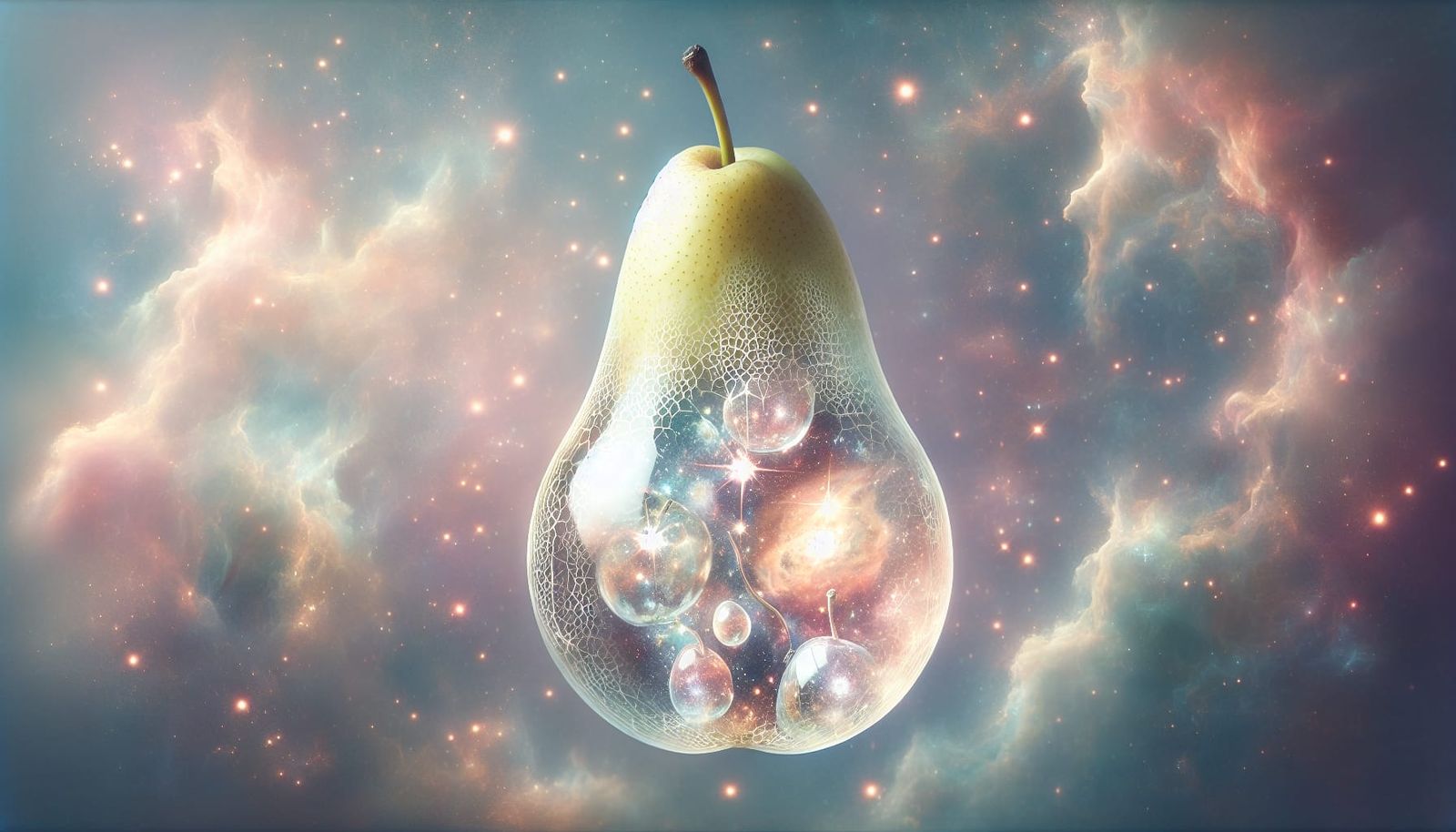A delicate, see-through pear, suspended in mid-air, containi...