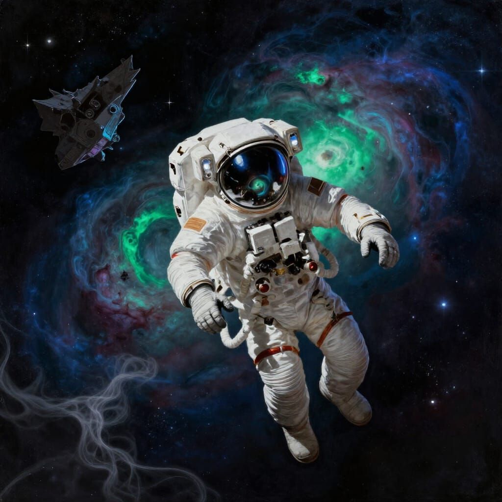 Astronaut Adrift Reflecting Emerald Nebula in Digital Painti...