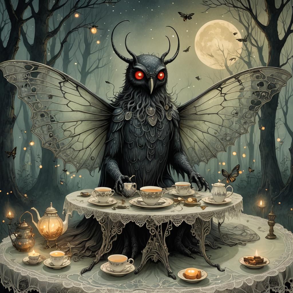 Mothman's Whimsical Tea Party in Misty Forest