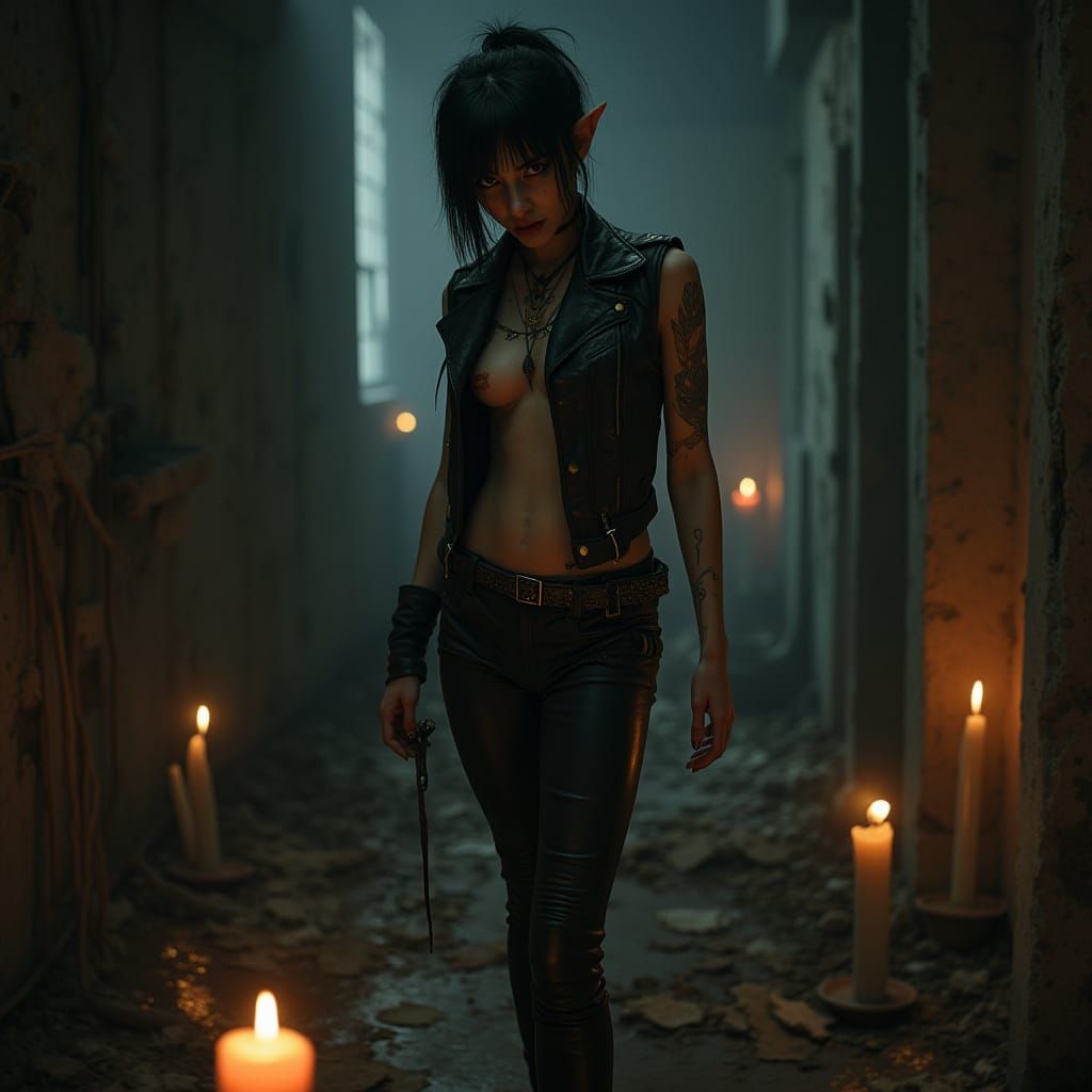 Punk Woman with Piercings in Abandoned Apartment