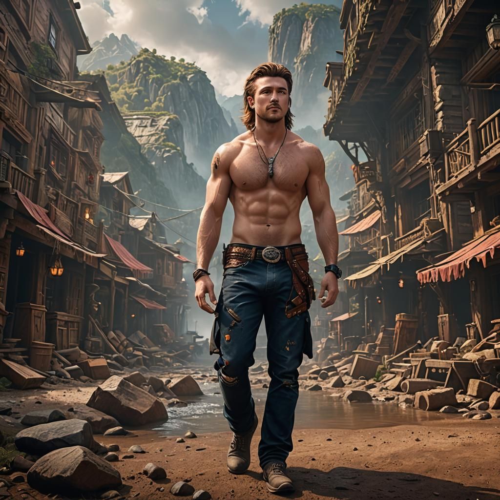 Shirtless Man: Detailed Matte Painting in Deep Color