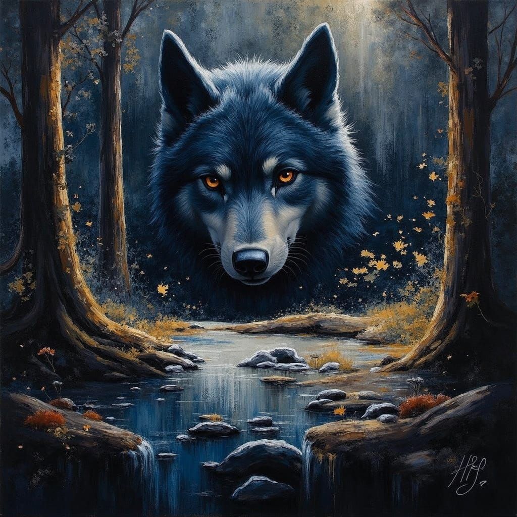 Grey Wolf Portrait in Vibrant Autumn Forest