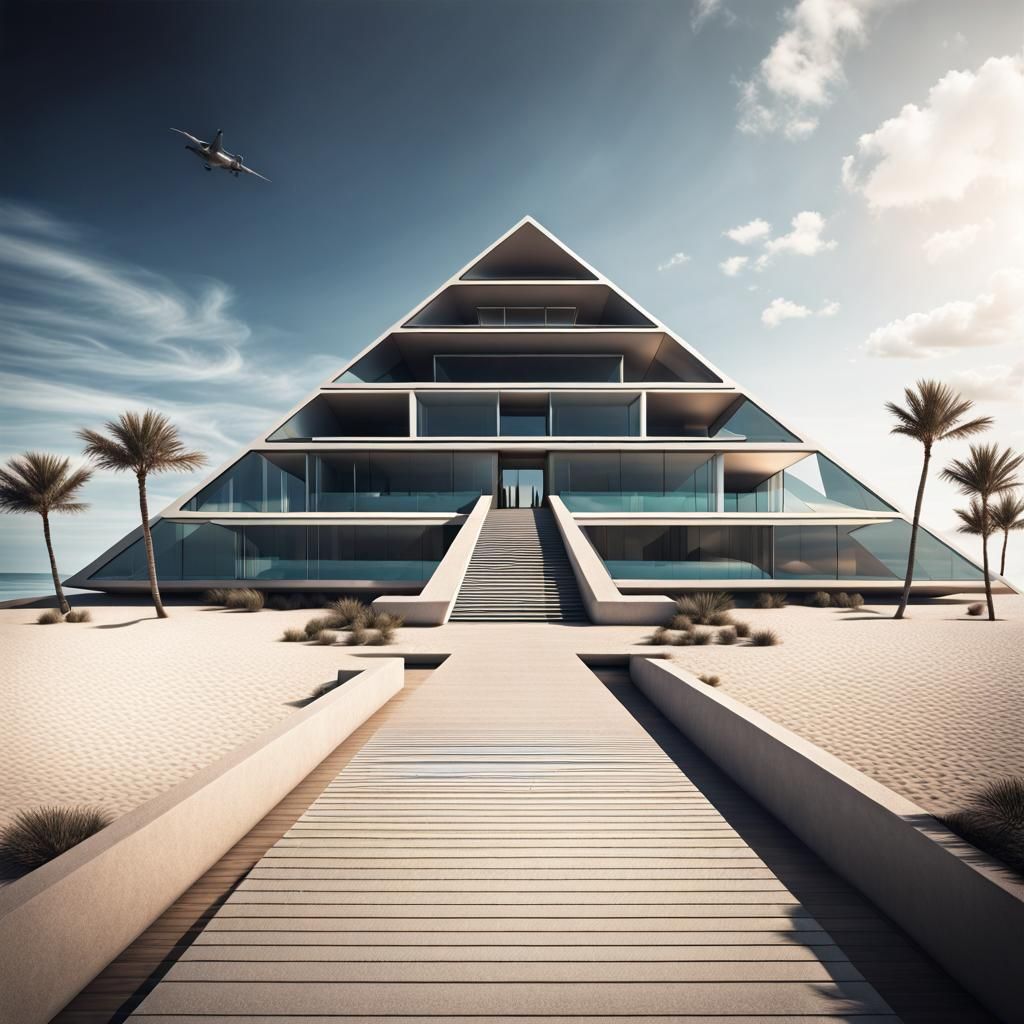 Futuristic Pyramid Mansion with Beach View in HDR