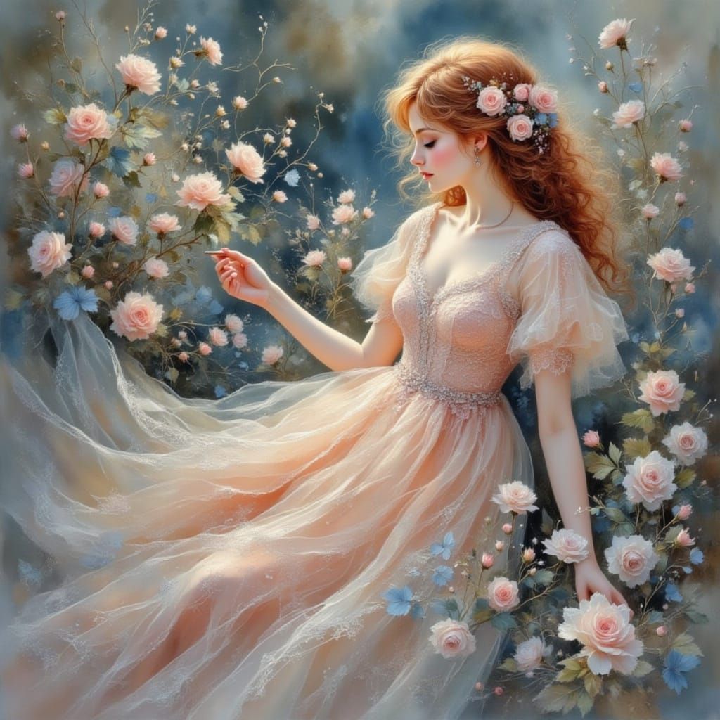 Woman in Peach Gown Picking Flowers