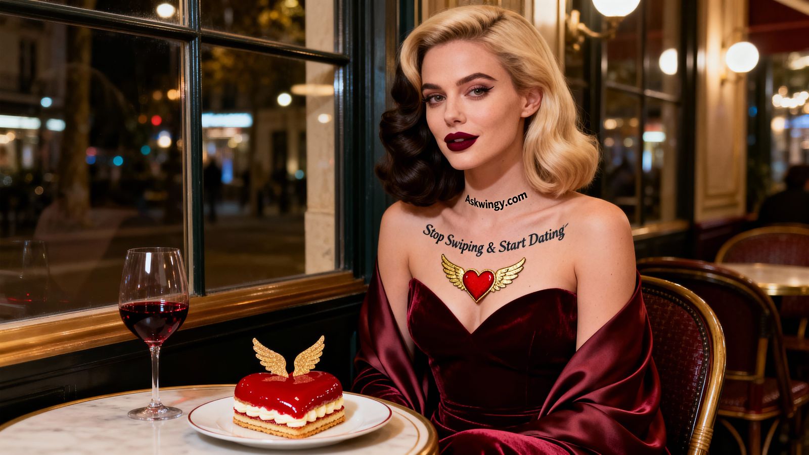 Parisian Woman in Velvet Gown at Night Bistro