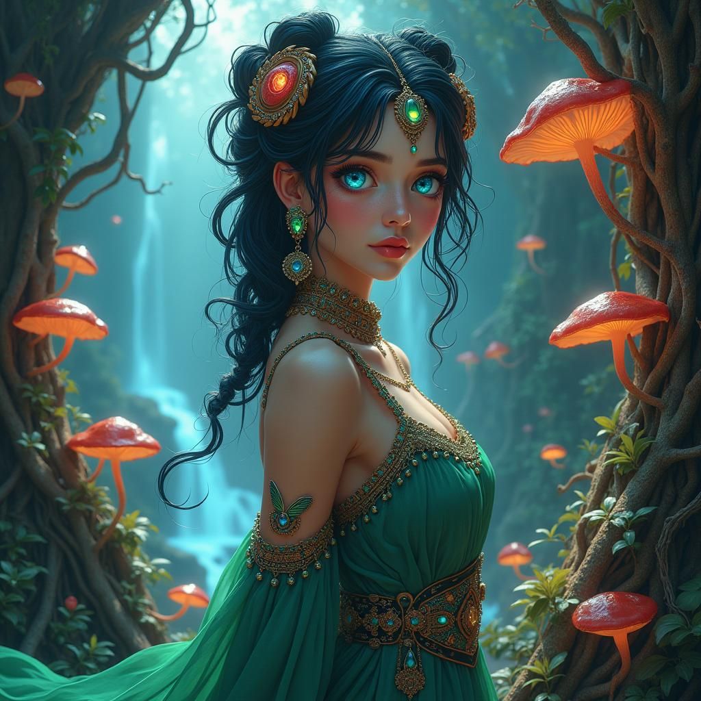 Ethereal Woman with Iridescent Eyes in Fantasy Landscape
