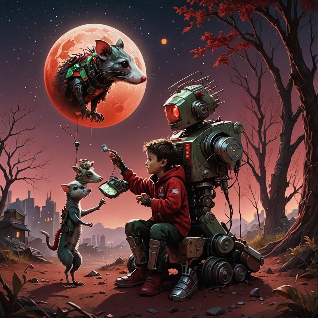 Child and Opossum Under Red Moon, Detailed Matte Painting
