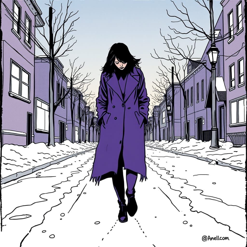 Woman in Purple Coat: Snowy Twilight Ink Drawing