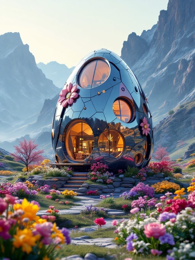 Surreal Modern Easter Egg Mansion in Vibrant Spring Landscap...