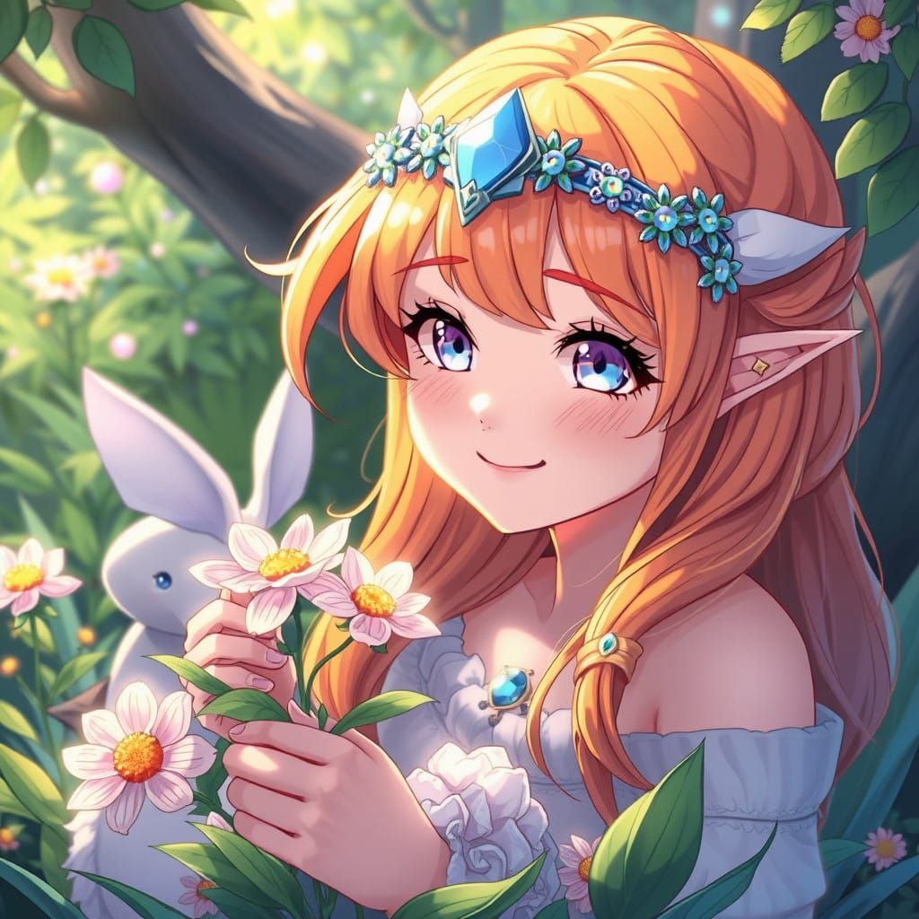 Gentle Moonlight Goddess with Vibrant Orange Hair and Lavend...