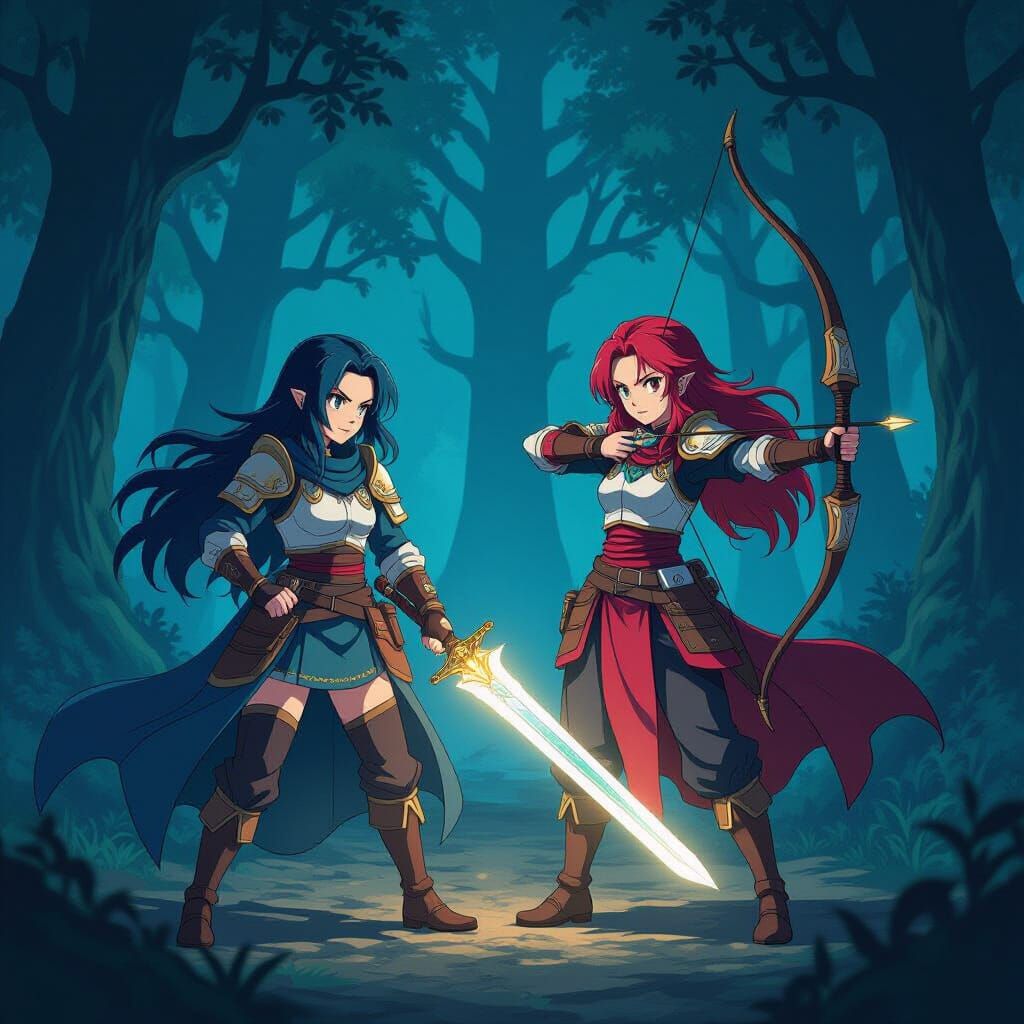 Anime Demon Slayers in Ancient Forest with Glowing Weapons
