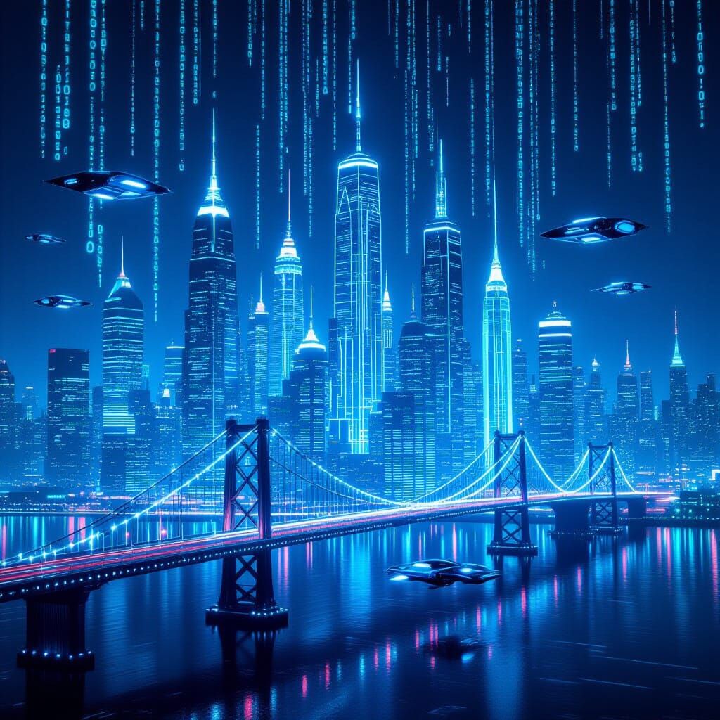Digital Cityscape of Binary Code and Data Streams