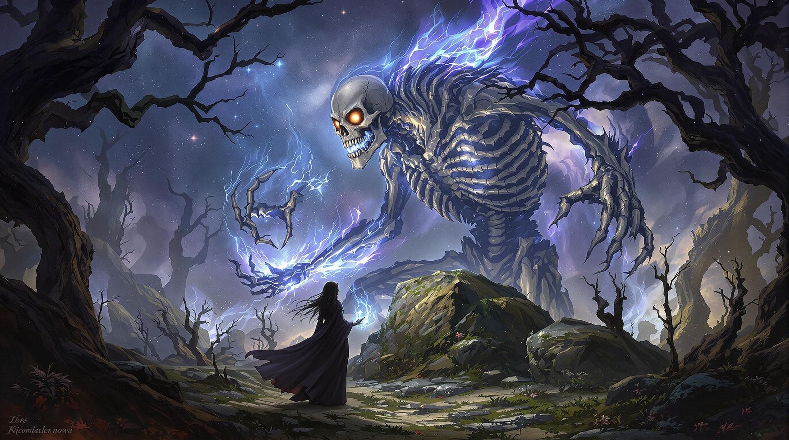Sorceress Summons Skeletal Guardian in Dark Fantasy Style