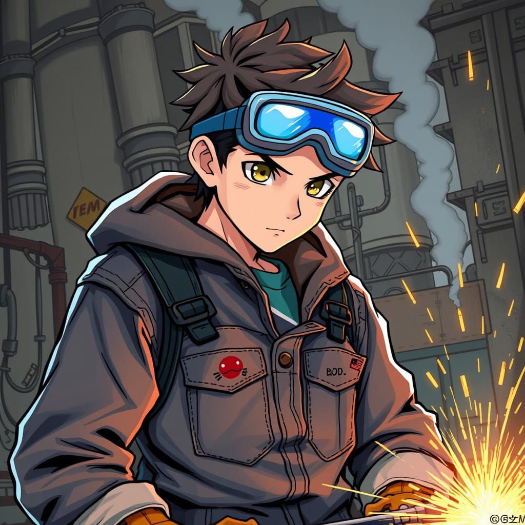 Teenage Anime Welder in Gritty Industrial Setting