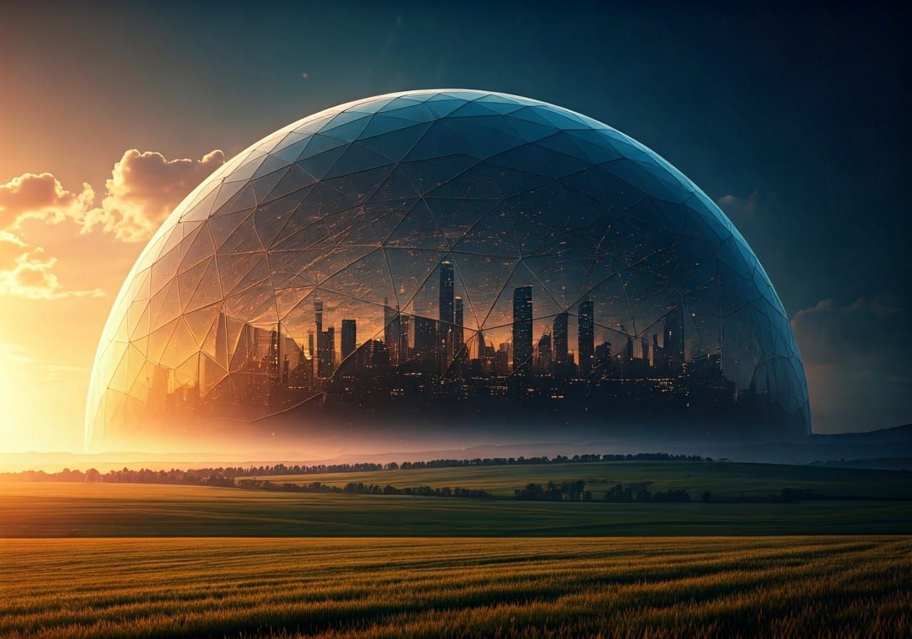 Futuristic Metropolis Inside Geodesic Dome in Rural Landscap...