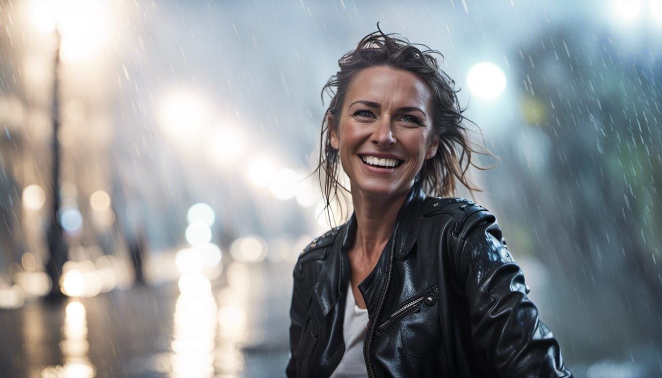 Laughing Woman in Heavy Rain Portrait