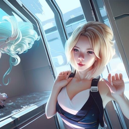 Cute Blonde Girl in Ventilation Duct, Digital Art