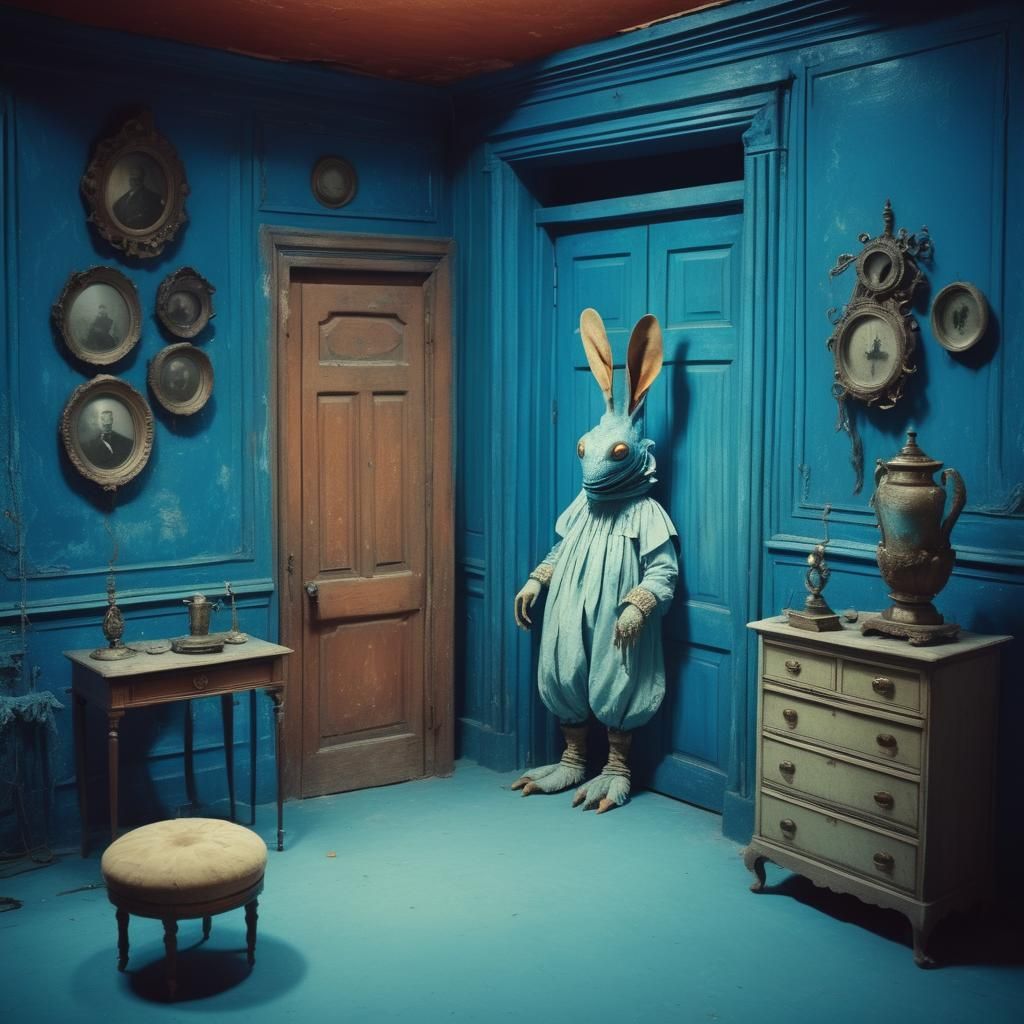 Sepia Photo of Strange Creature in Blue Room