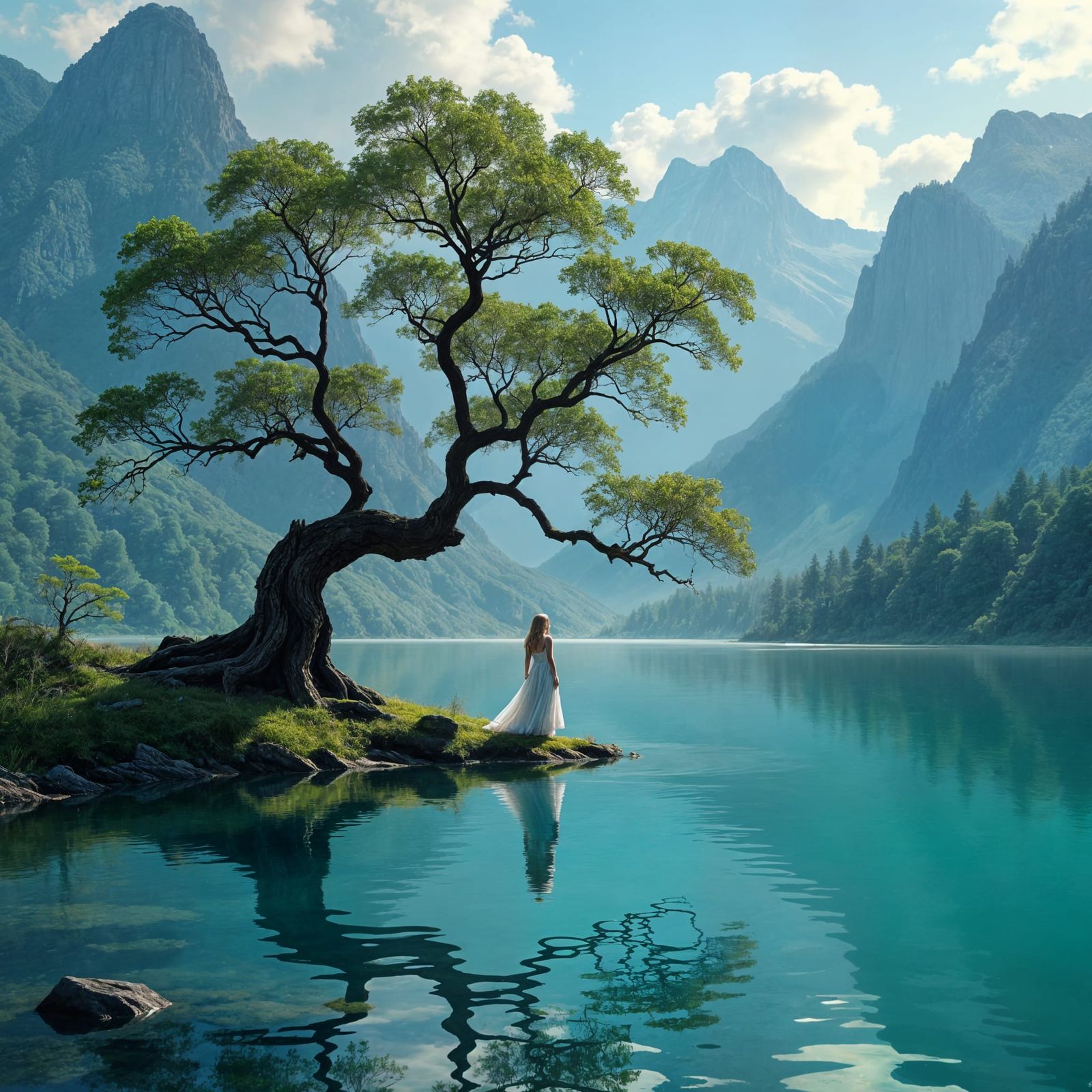 Fantasy Tree Reflects Blonde Woman in Mirrored Lake