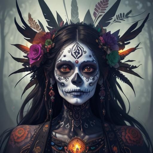 Vibrant Dia de los Muertos Portrait in Surreal Style