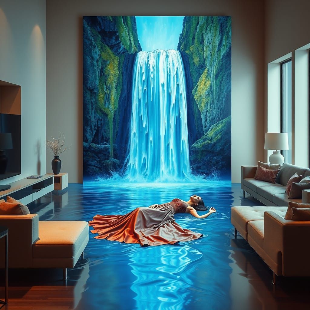 Blue Waterfall Flooding Modern Living Room