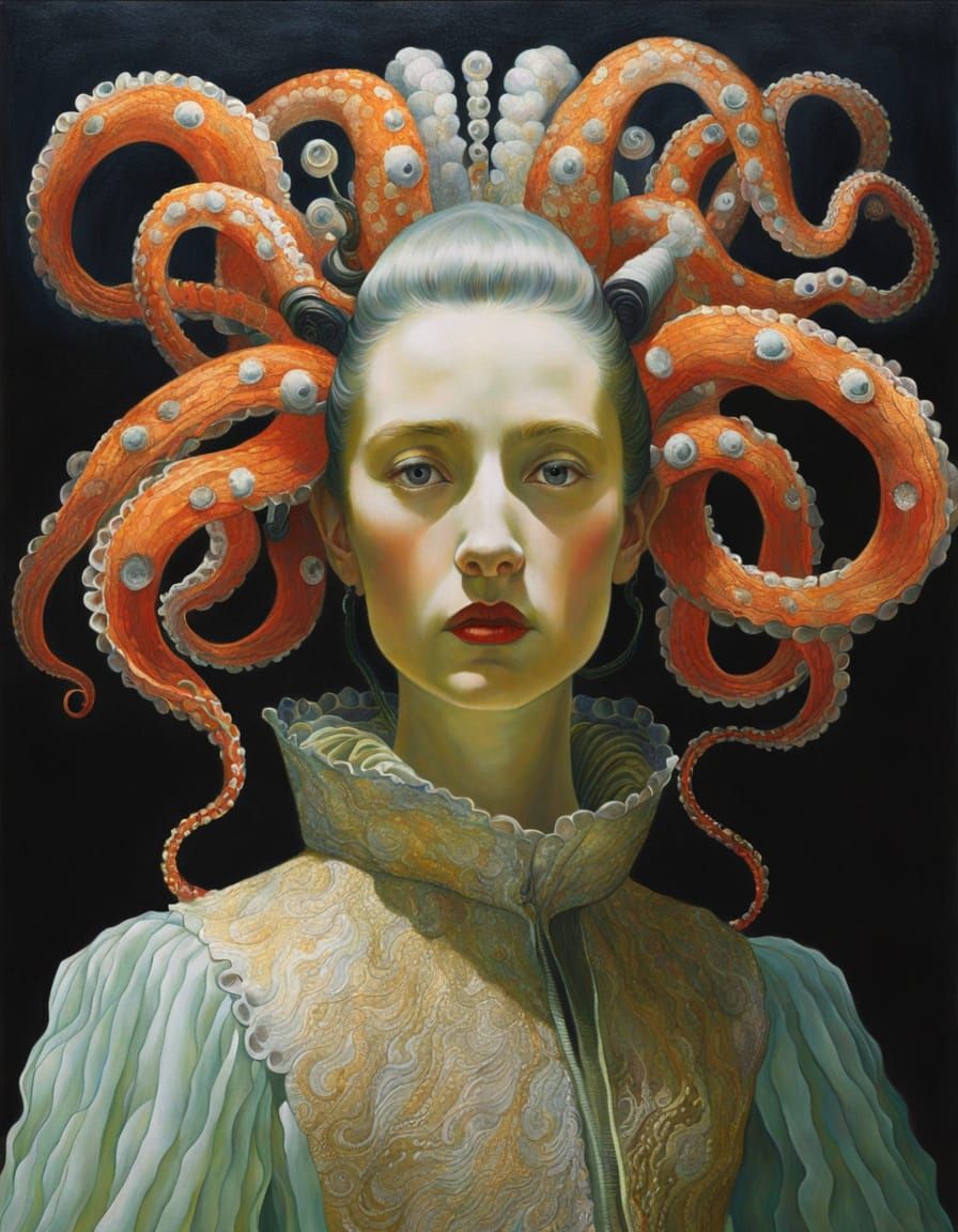 Surreal Robot Goddess in Gouache, Influenced by Leonora Carr...