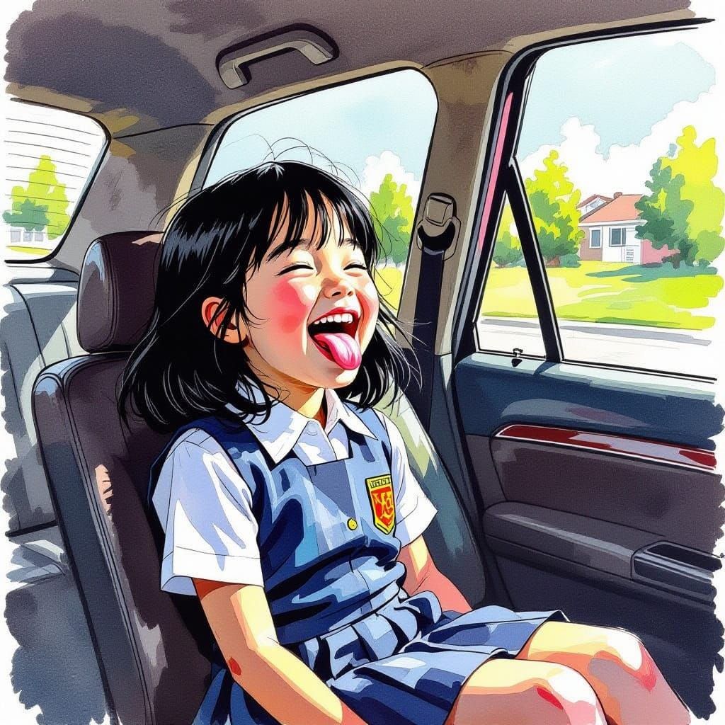 Girl in Car Sticking Tongue Out in Ink Drawing Style