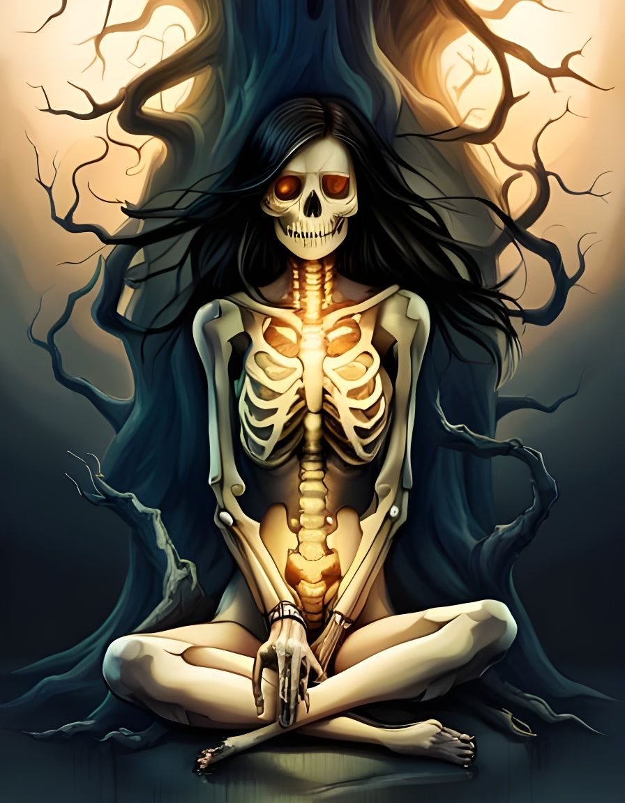 Glowing Skeleton Girl in Smokey Darkness