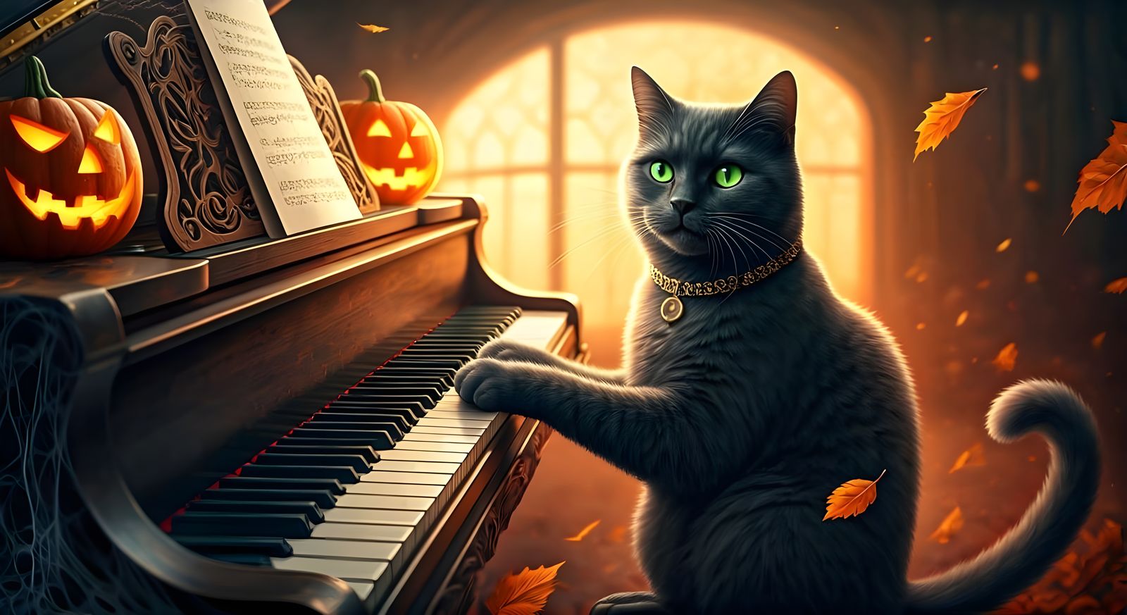 Black Cat Plays Piano on Halloween Night
