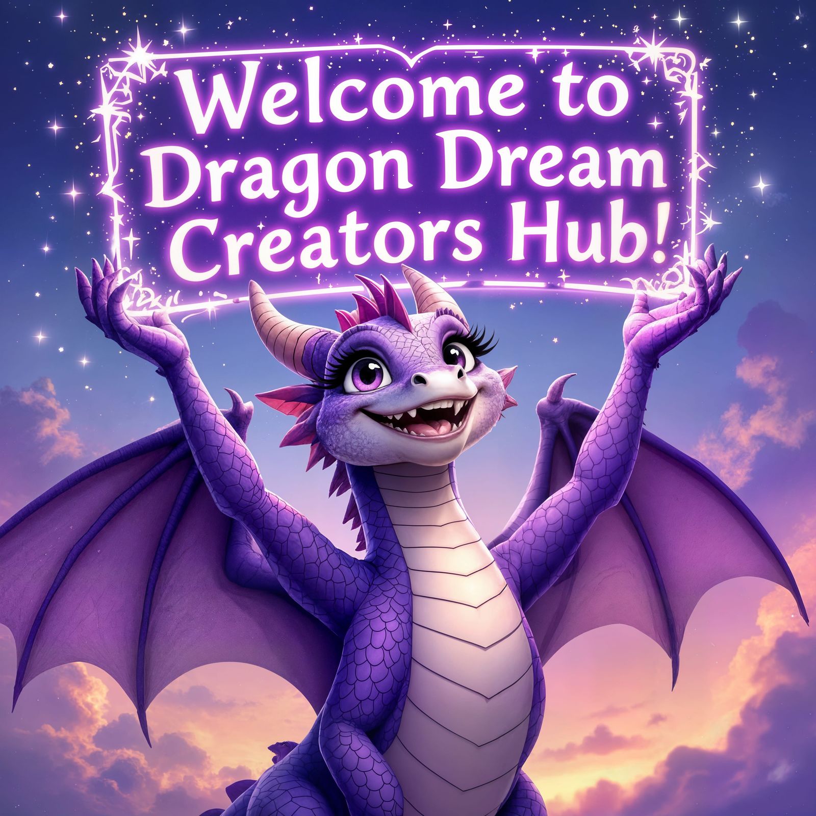 Joyful Purple Dragon Reaching for Starlit Sky