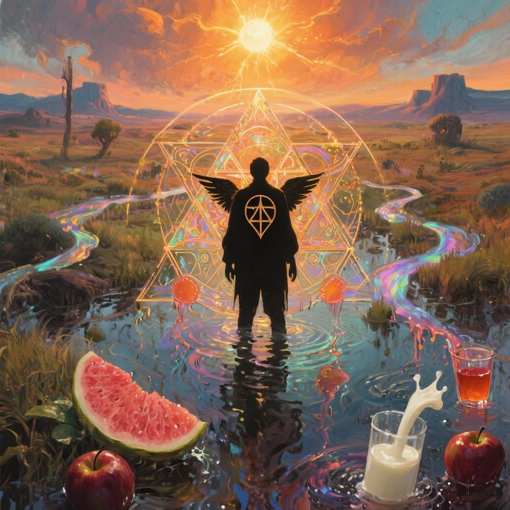 Mystical Wet Landscape with Sacred Geometry and Fallen Angel...