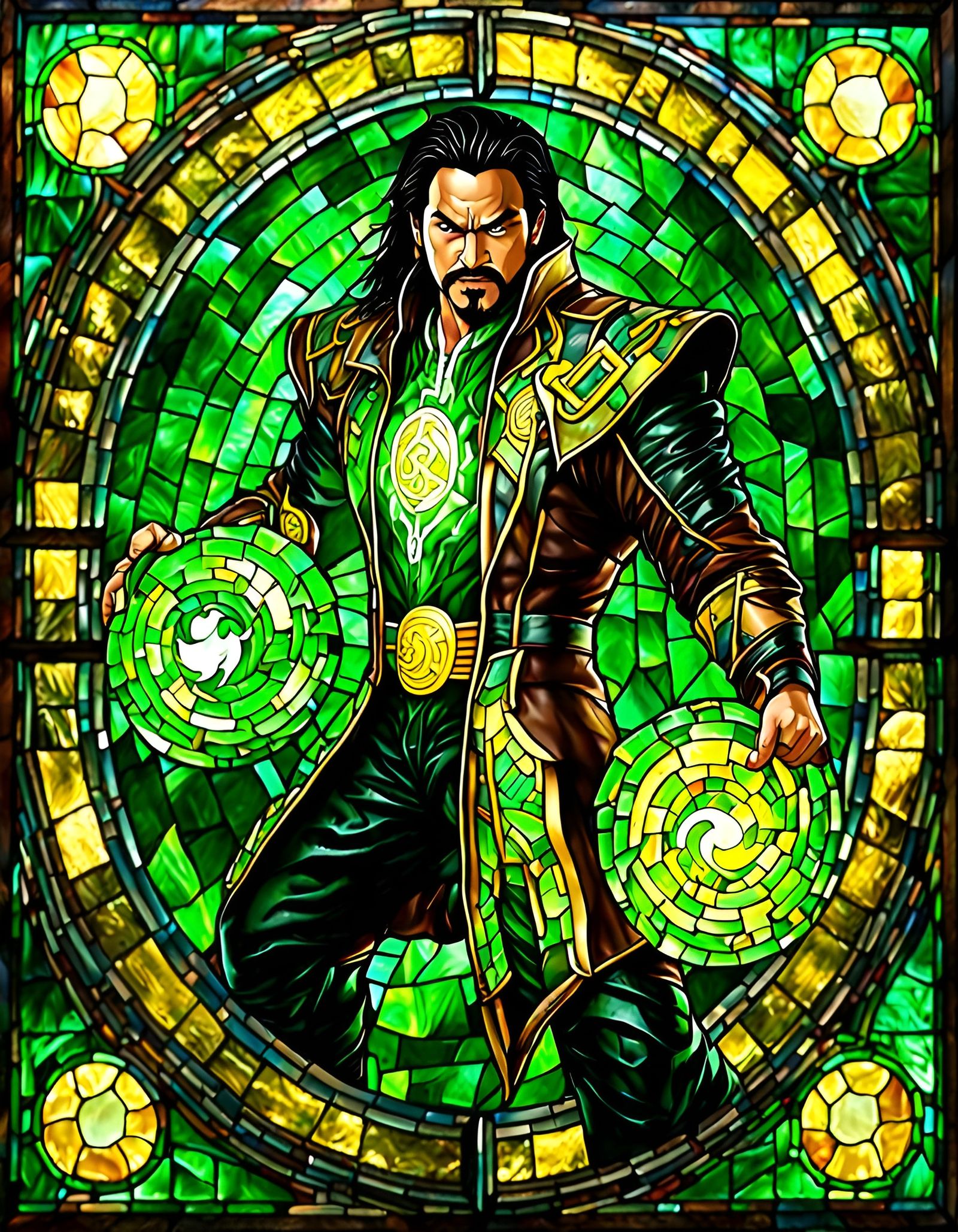 Shang Tsung Stained-Glass Mosaic in Dark Fantasy Style
