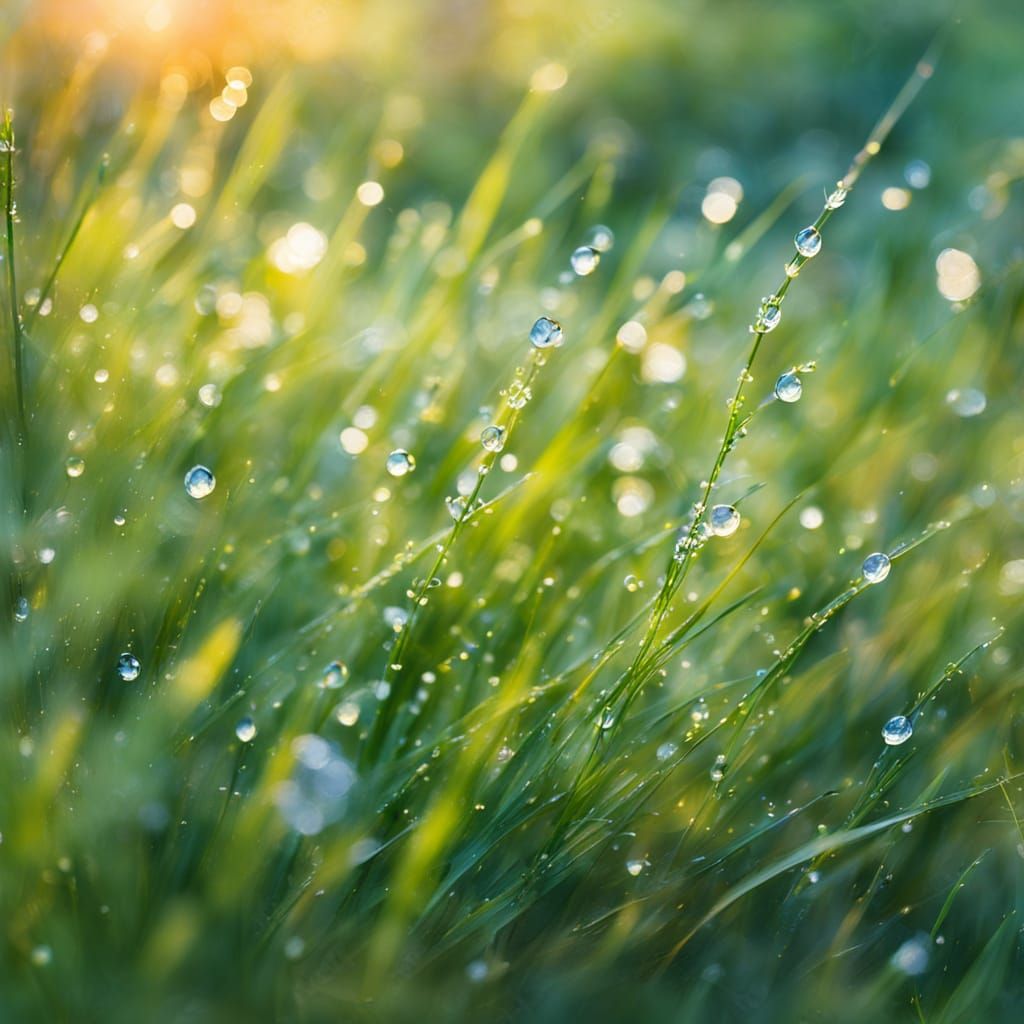 Impressionist Dew Drops on Grass in Morning Light