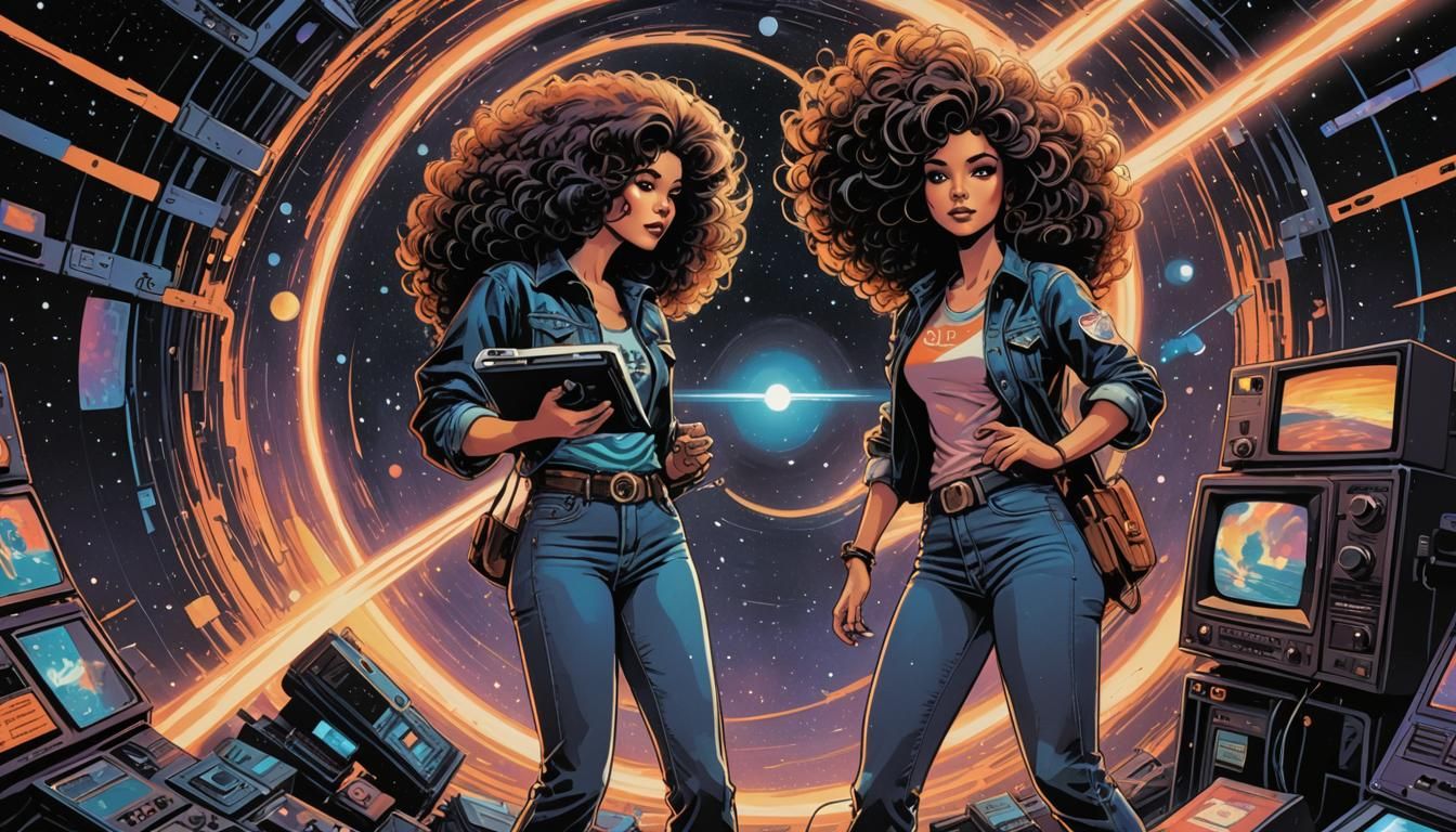 1970s Fashion Girl in Space with Glowing Cassette