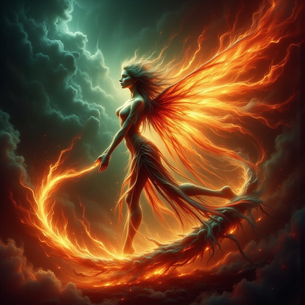 Fiery Fairy Casting Fireball in Dark Oil Paint Style