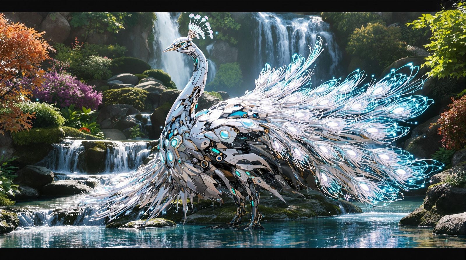 Cyborg Peacock in Shimmering Metal Armor Amidst Serene Water...