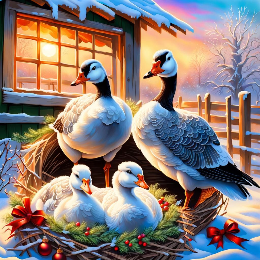 Geese on Christmas Nests in Airbrush Art